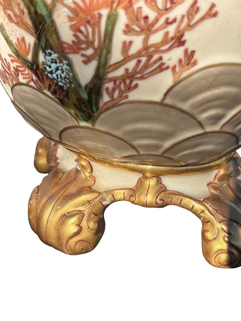 Victorian Dragon Handle Ceramic Vase w/ Hand Painted Corvus by Alfred Stellmache