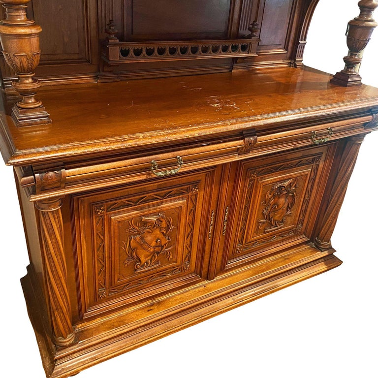 19th Century French Henry II Renaissance Carved Walnut Buffet Sideboard Cabinet