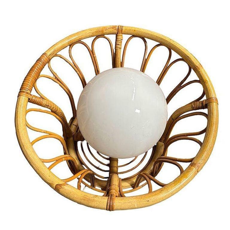 Albini Style Tulip-Shaped Reed Rattan Cieling Pendant Light w/ Glass Globe