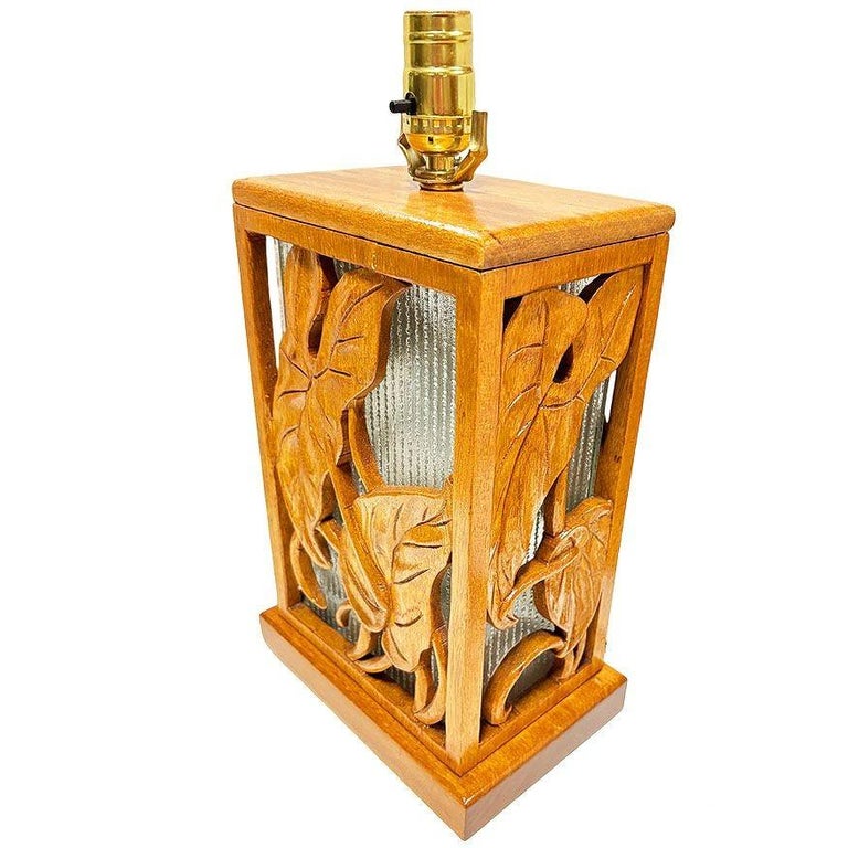 Restored Mid-century Hawaiian Carved Mango Wood Panel Lantern Table Lamps, Pair