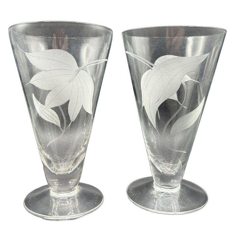 Mid-century Dorothy Thorpe Style Footed Tumbler w/ Etched Tropical Lilies, Pair