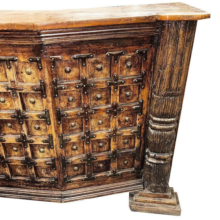 Spanish Colonial Style Antique Wood Bar w/ Iron Strapwork & Carved Columns