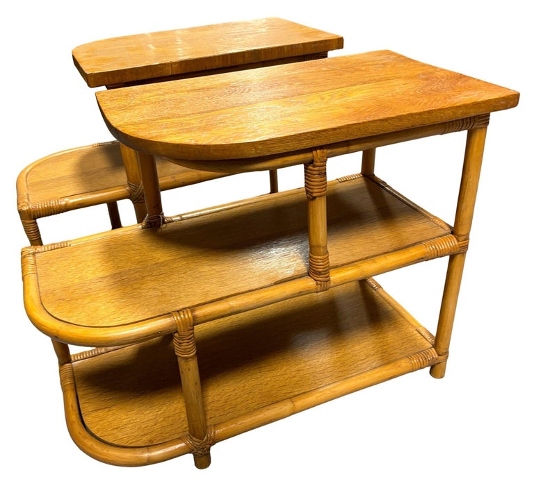Restored Streamline Rattan & Mahogany 3-Tiered "Trio" End Table, Pair