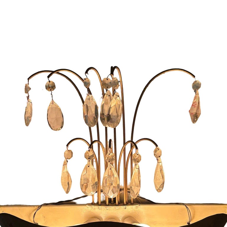 Art Deco Brass Hollywood Regency Palm Leaf Wall Sconce W/ Crystal Arms