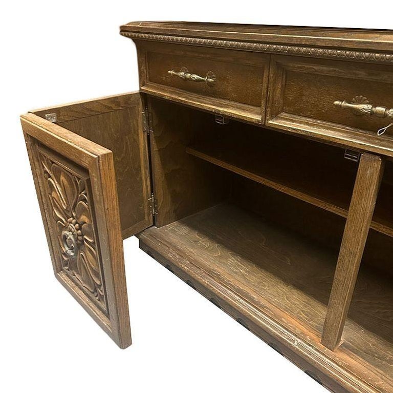 Mid Century Mediterranean Revival Carved Oakwood Buffet Cabinet