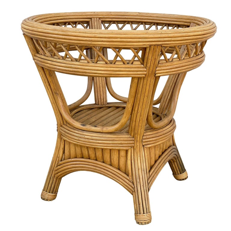 Art Deco Presidents Stick Reed Rattan Round Glass Top Dining Table