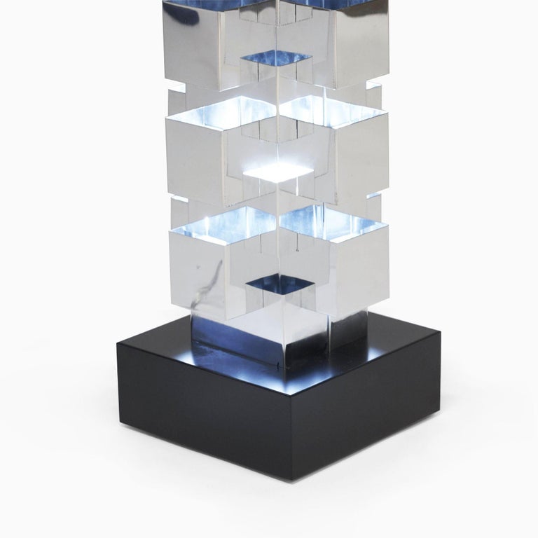 Brutalist Chrome Interlaced Column Sculpture Table Lamp by Curtis Jere, Pair