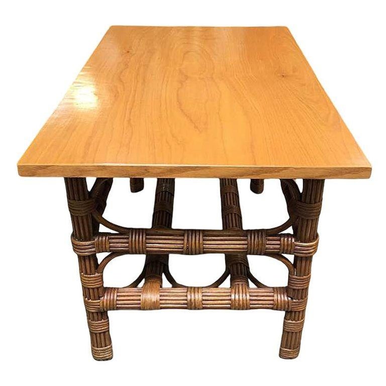 Restored Stick Rattan Side Table with Bleached Mahogany Top