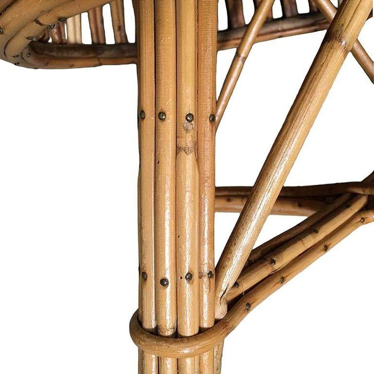 Restored Round Stick Rattan Coffee Table with Mahogany Top