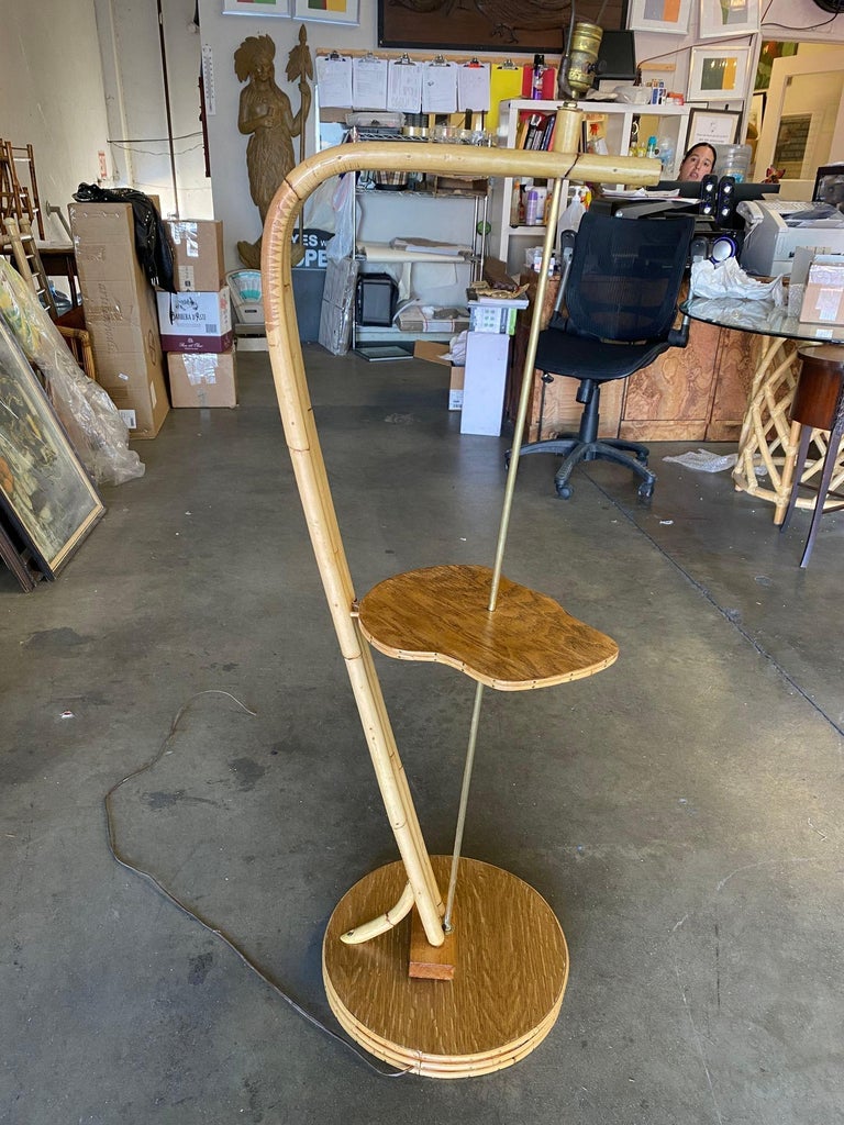 Restored Googie Asymmetric Pole Floor Lamp w/ Side Table & Fiberglass Shade