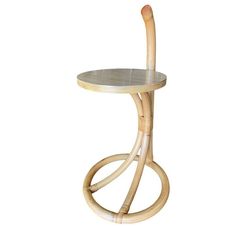 Restored Rare Portable Rattan Side Table Drink Shelf Stand w/ Handle 2 Available