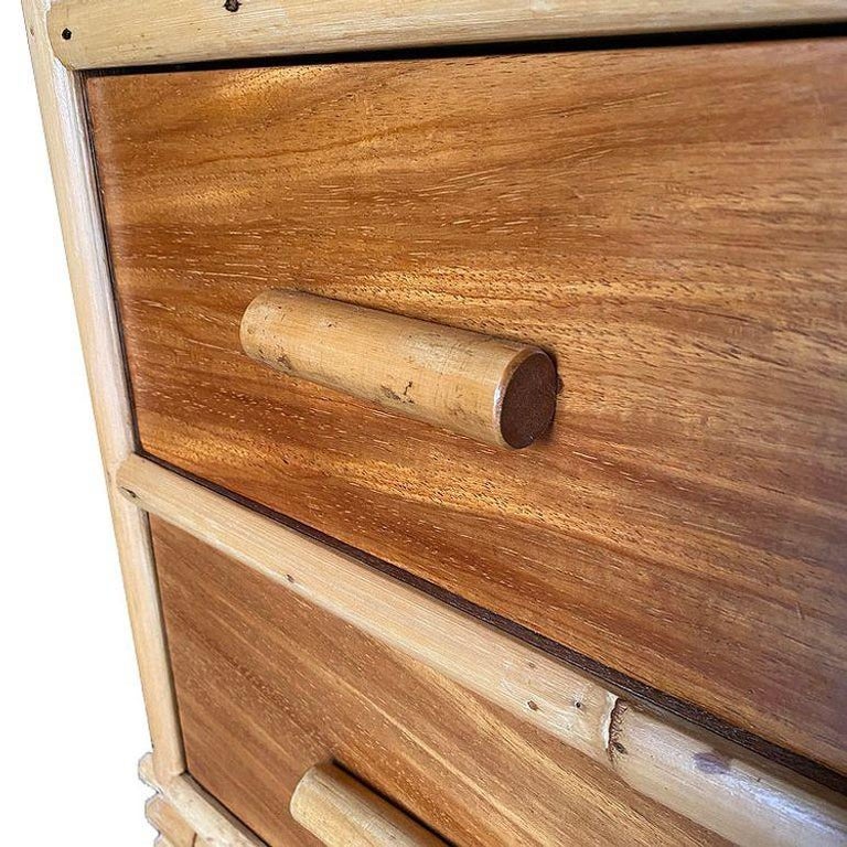 Restored Early Mid-century Stacked Rattan & Mahogany Vanity w/ Round Mirror