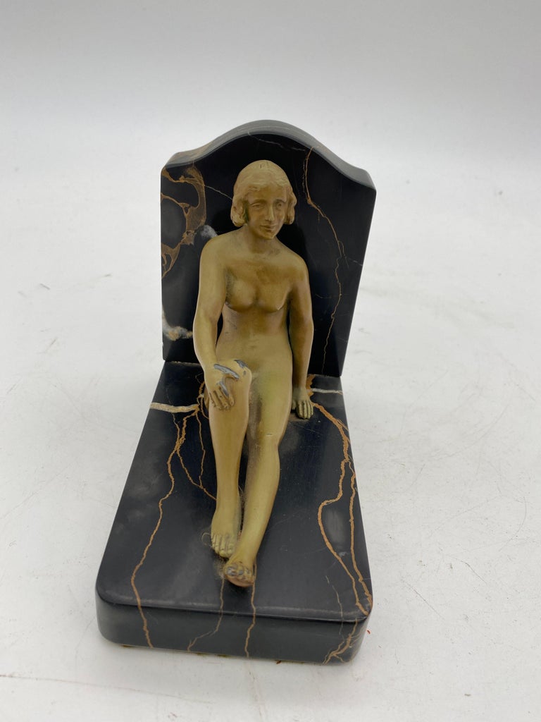 French Nude Flapper Girl Spelter Metal & Marble Bookend Pair, 1920