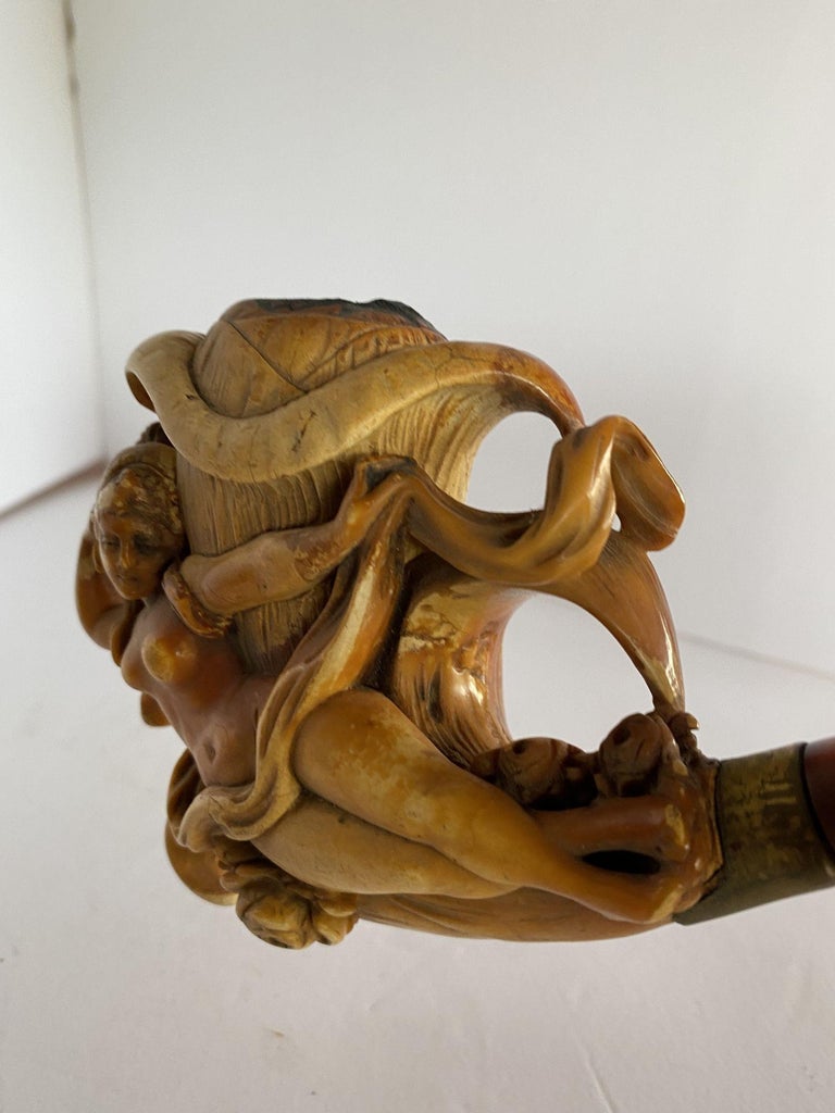 Rare Carved Hand Nude Goddess Meerschaum Pipe in Case, Circa 1890