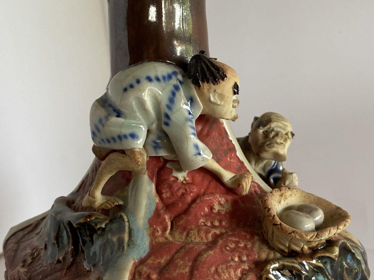 Japanese Sumida Ware Vase with Two Men on Rocky Ledge by Inoue Ryosai II