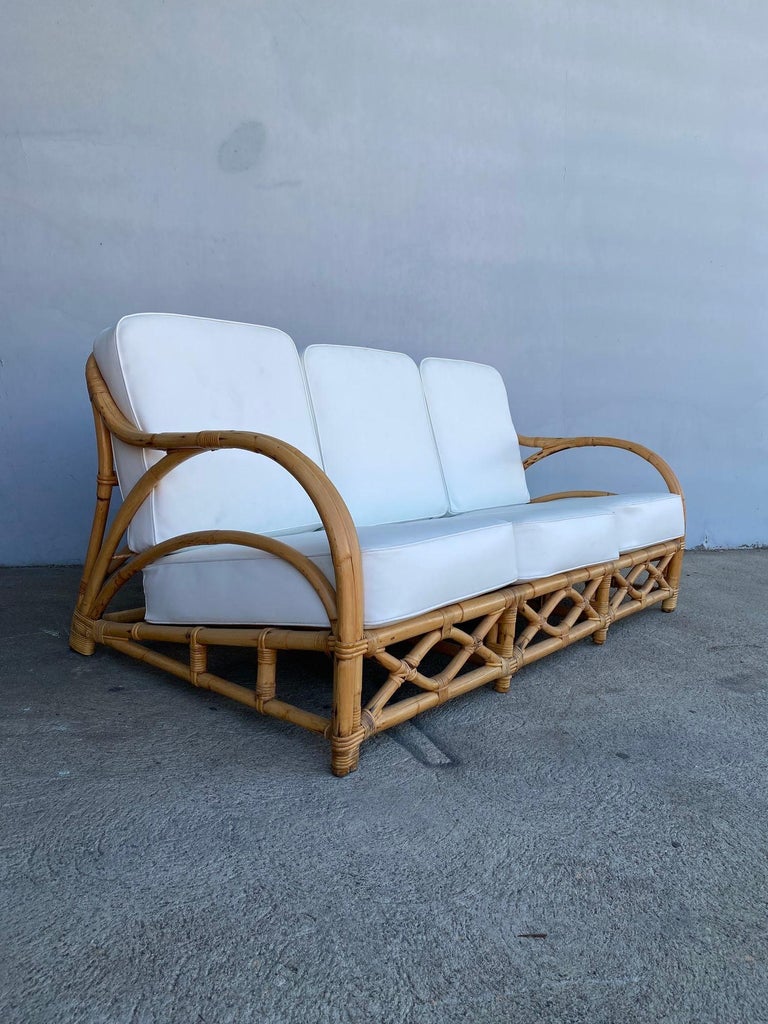 Rare Restored "1940s Transition" Rattan Sofa and Lounge Chair Living Room Set