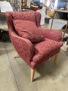 Mid Century Modern Wingback Lounge Chair Burgundy Leaf Print Pair