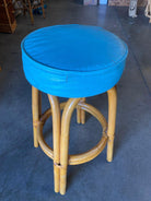 Restored Single Stand Arched Rattan Bar Stool w/ Teal Green Seat, Set of Four