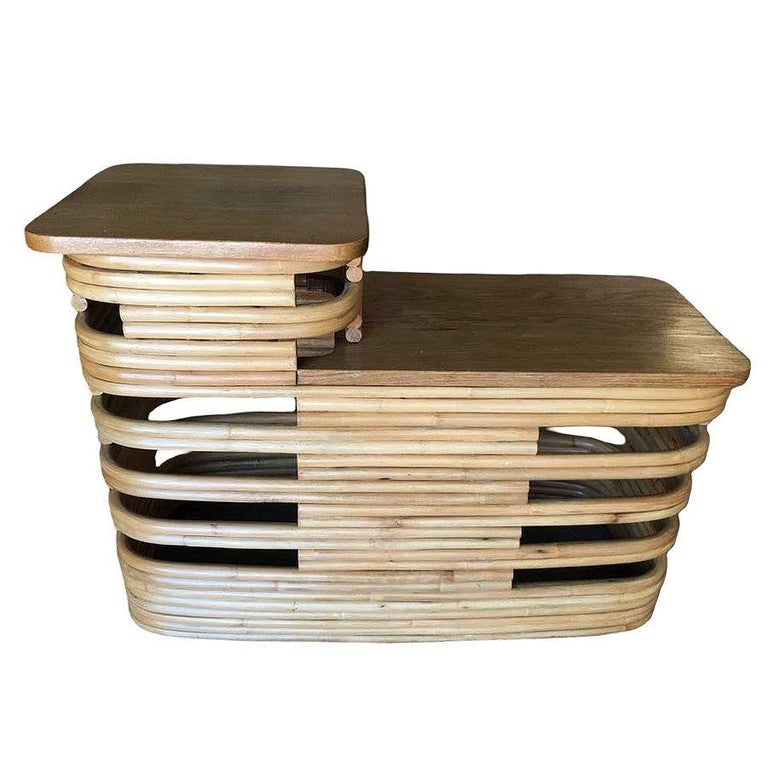 Paul Frankl-Style Stacked Rattan Side Tables with Mahogany Top, Pair, circa 1930