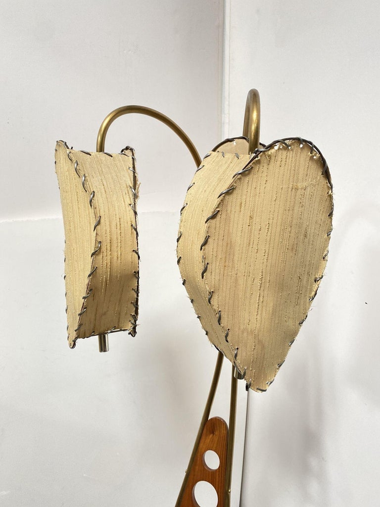 Mid Century Walnut and Brass Floor Lamp with Whipstitch Fiberglass Lamp Shades
