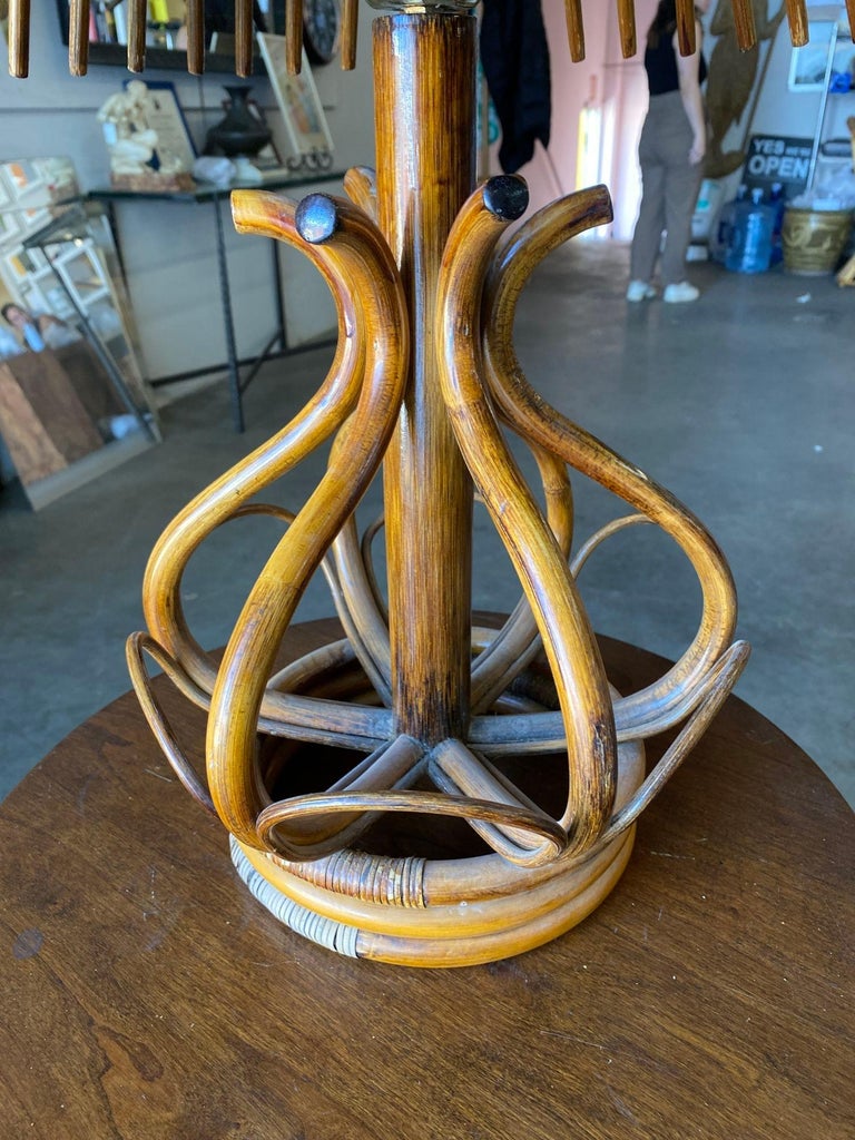 Restored Modernist Stacked Stick Reed Rattan Table Lamp w/ Rattan Shade