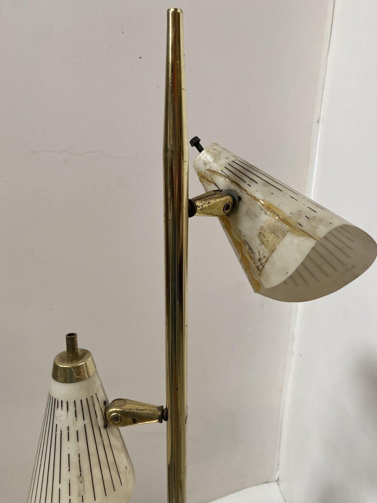 Mid Century Googie Brass & Art Pottery Floor Lamp w/ Fiberglass Shades