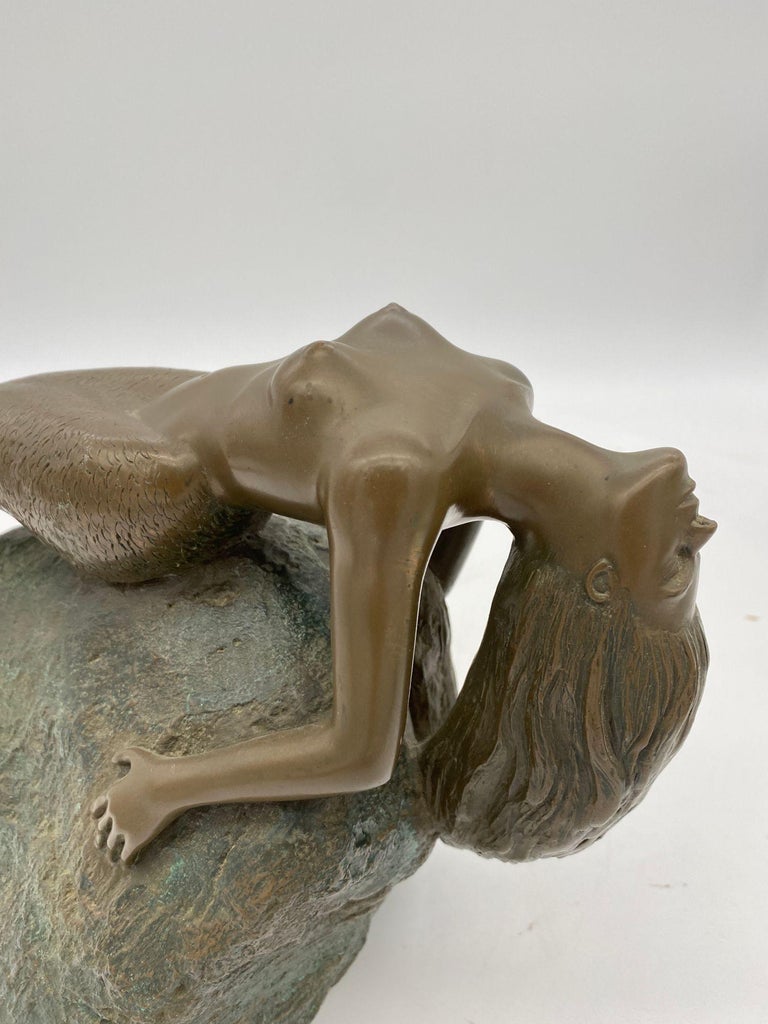 Bronze Mermaid Siren Statue on Beach Rock by James Siebert