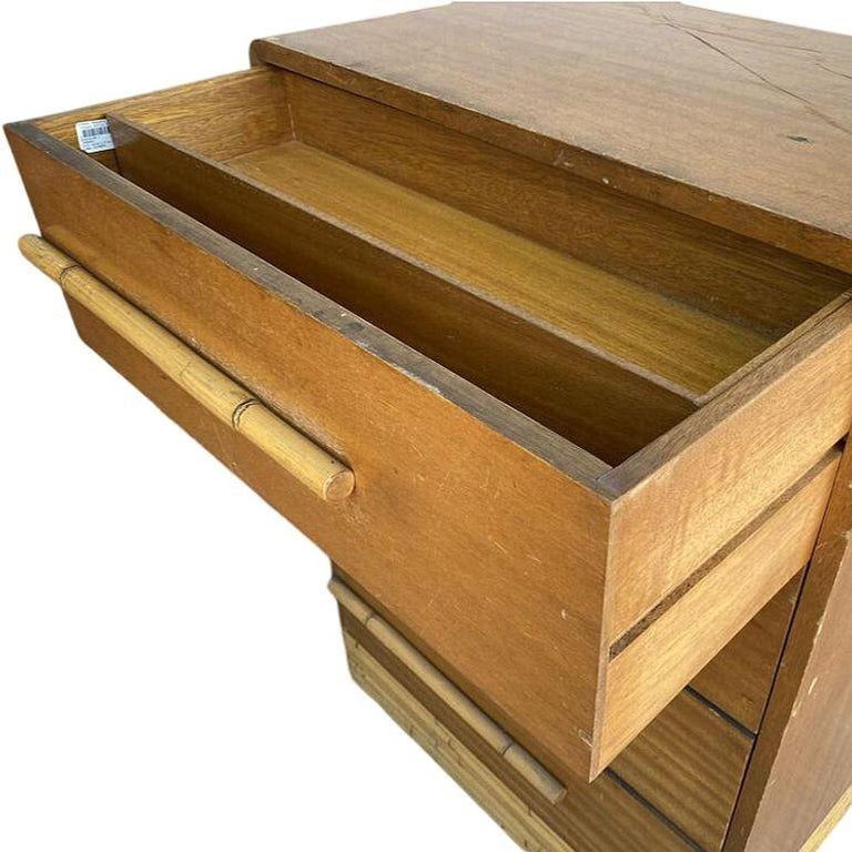 Restored Mid-century Waterfall Highboy Mahogany Dresser W/ Stacked Rattan Base