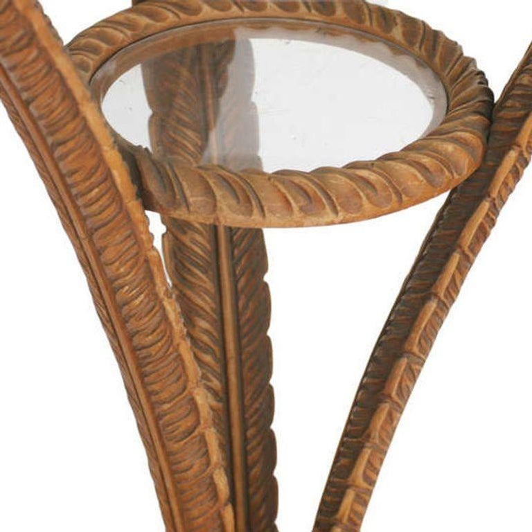 Art Deco Sculpted Wood Plume Round Pedestal Side Table by Grosfeld House, Pair