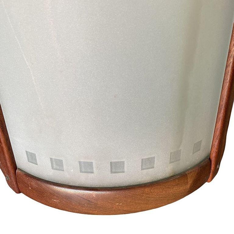 Mid-century Nakashima Style Teak Cylinder Pendant w/ Frosted Shade, 3 Available