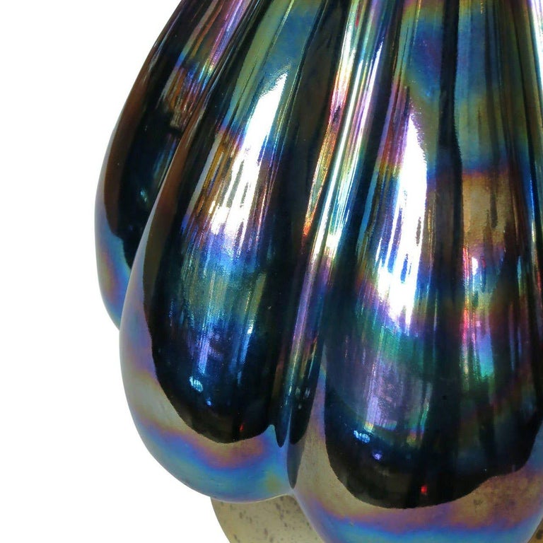 Mid-century Iridized Art Glass Table Lamp w/ Brass Base