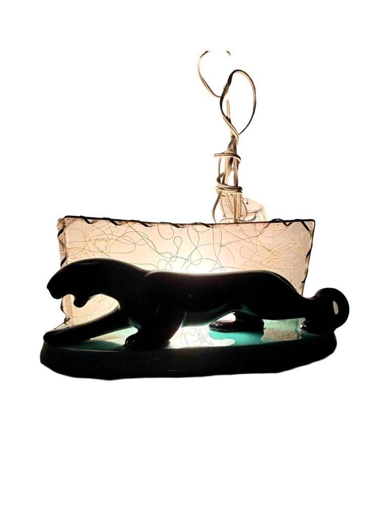 Midcentury Black Panther Ceramic Statue Lamp w/ Whipple Stitch Fiberglass Shade