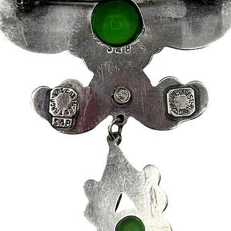 Silver Los Castillo Statement Brooch w Ornate Drop and Chrysoprase Stones