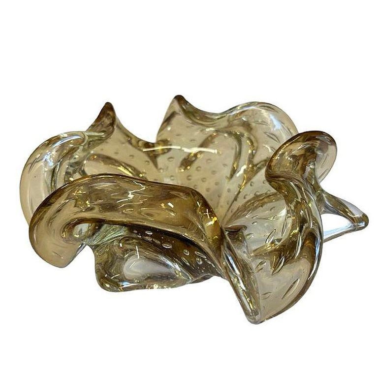 Mid-century Bullicante Amber Gold-Tone Ruffle Murano Art Glass Ashtray