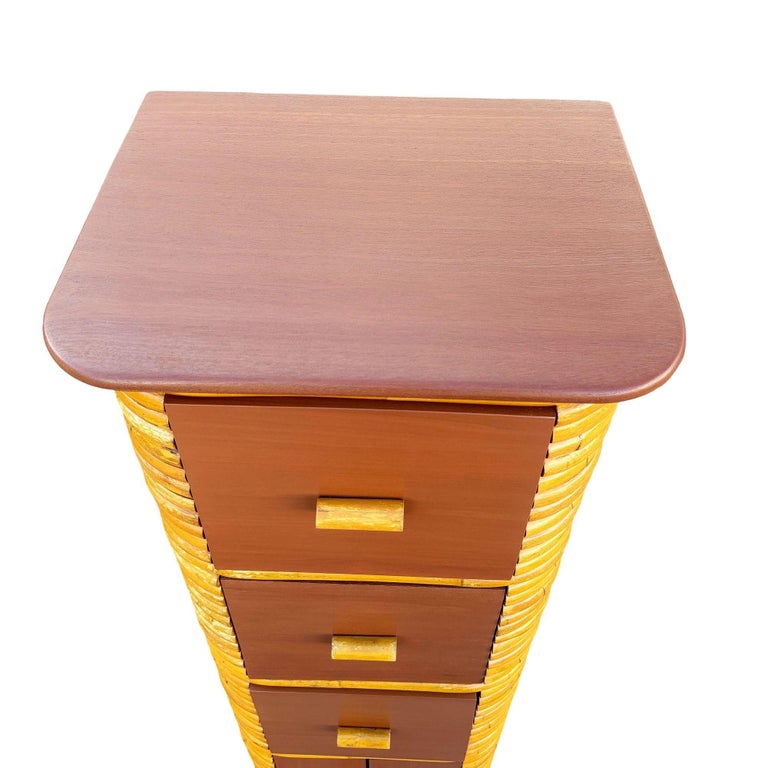 Restored Paul Frankl Style Stacked Rattan & Mahogany Cabinet w/ Drawers