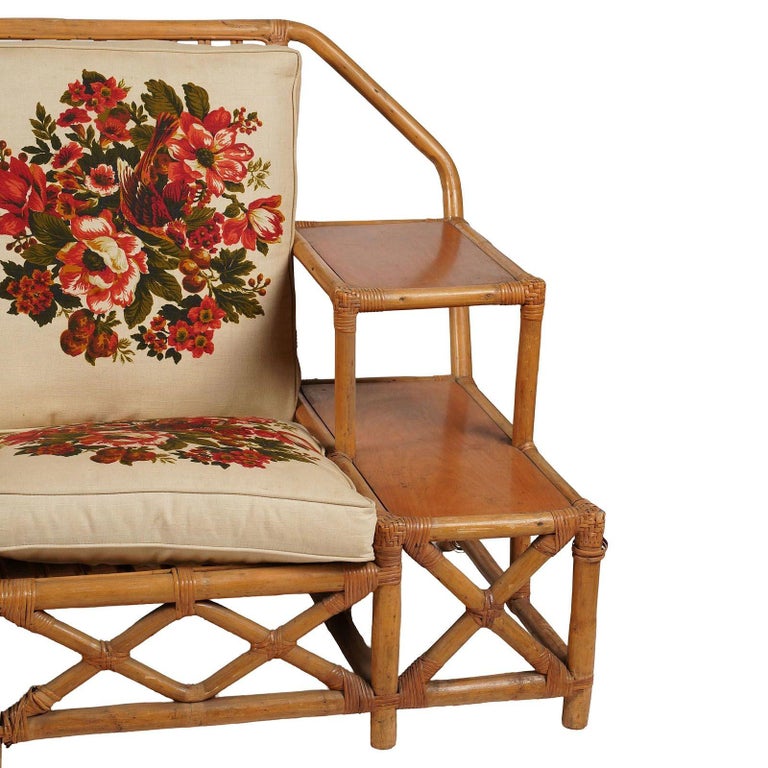 Rare MCM Stepped Rattan Sofa Chair Ottoman Livingroom Set w/ Built in End tables
