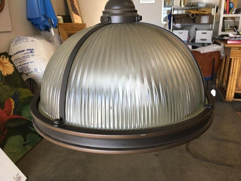 Industrial Ribbed Pendant Lamp Holophane Style Pair