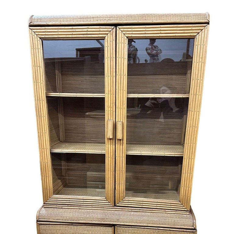 Restored Art Deco Stick Rattan & Grass Mat China Cabinet/Etagere