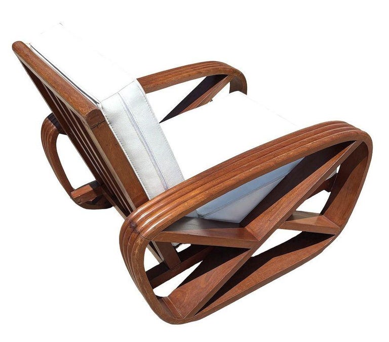 Rare 4-Strand like Carved Mahogany Square Pretzel Faux Rattan Lounge Chair, Pair