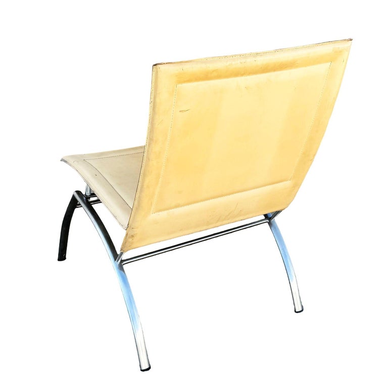 Postmodern Italian Leather “Waist” Side Chrome Tublar Lounge Chair