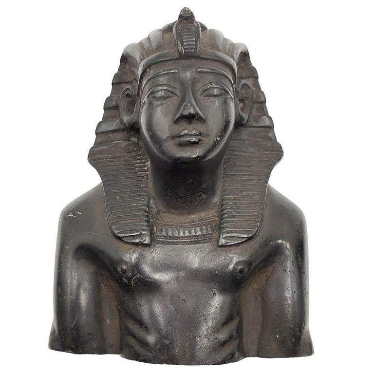 Hand Carved Ebony Wood King Tut Tutankhamen Pharaoh Bust Book Ends Signed 1974