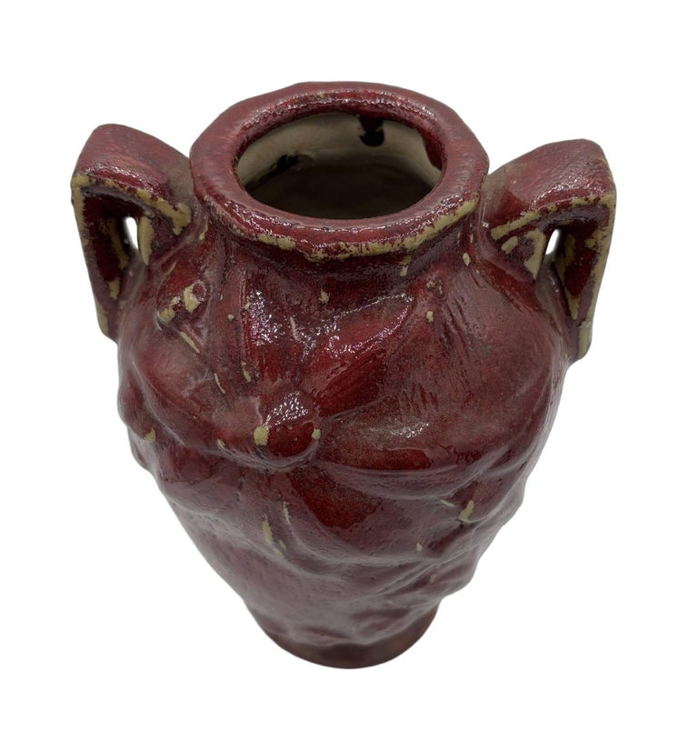 Red Art Pottery Vase with Dual Handles & Sculpted Floral Relief