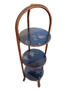 Costal Three Tiered Dark Stained Rattan Shelf w East Asian Motif Tops