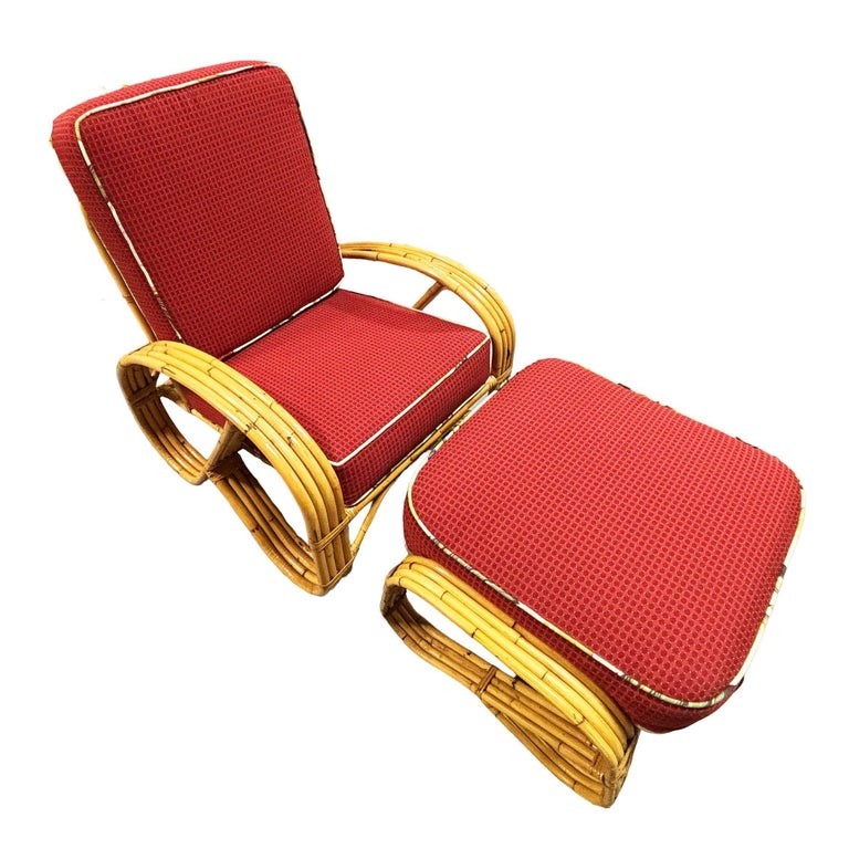 Mid-Century 4-Strand 3/4 Reverse Pretzel Rattan Lounge Chair w/ Matching Ottoman