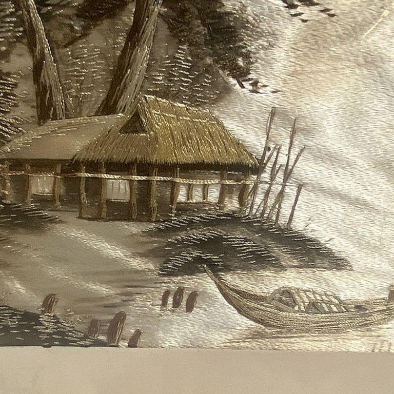 Three Chinese Silk Embroidery Tapestry Art Tropical Landscape in Rattan Frames