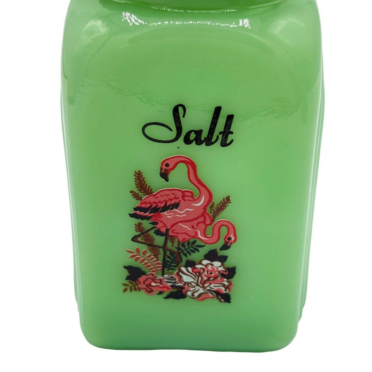 Mid-century Jadeite Green Glass Pink Flamingos Salt and Pepper Set