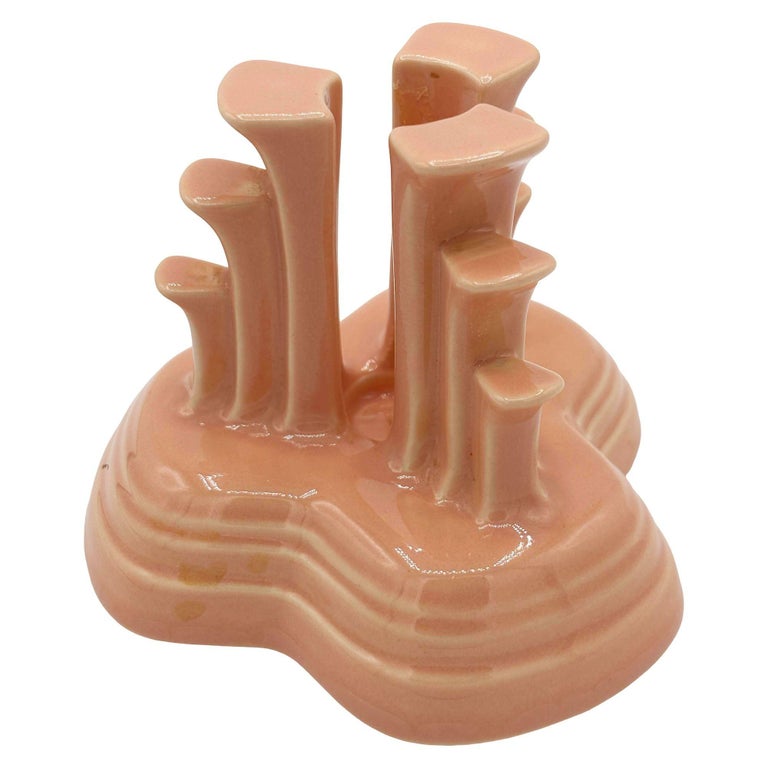 Art Deco Apricot Peach Tripod Pyramid Candleholder by Fiesta Ware, Pair