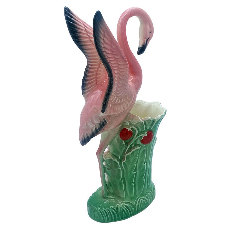 Mid-century "Lovers" Pink Flamingo Ceramic Tabletop Vase Set By Leftons