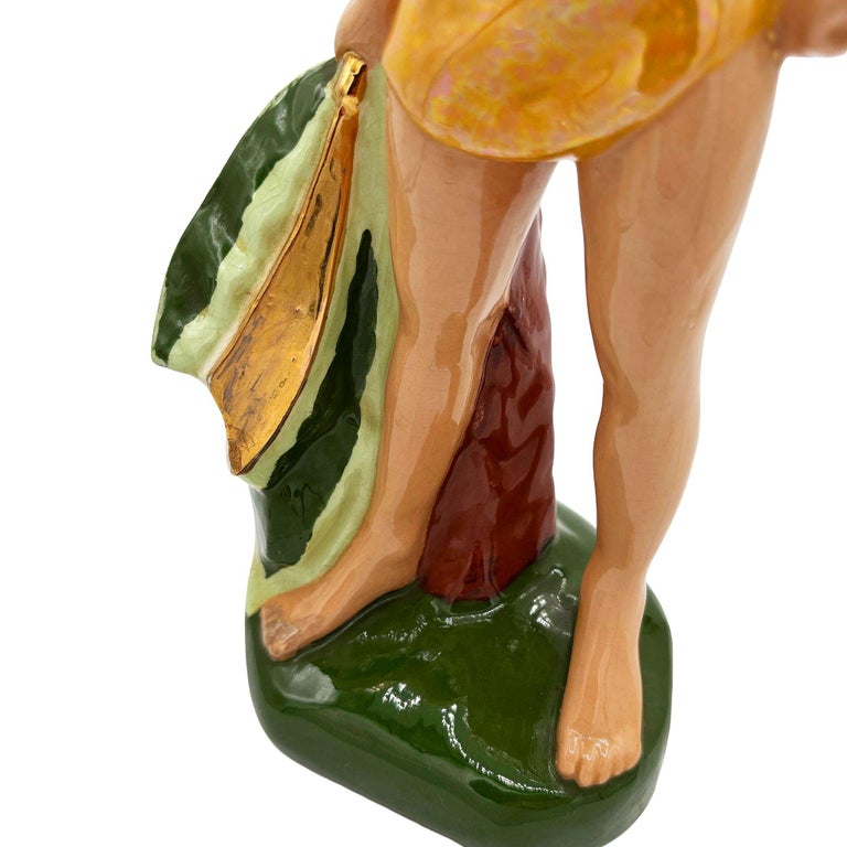 Mid-Century Hand Painted Native Surfer w/ Gold Machete Ceramic Sculpture