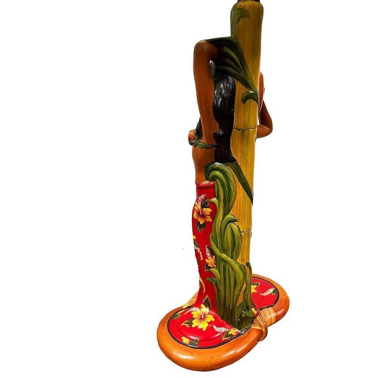 MCM Hand Painted Hawaiian Hula Resin Table Lamp by Santana w/ Wipplestitch Shade